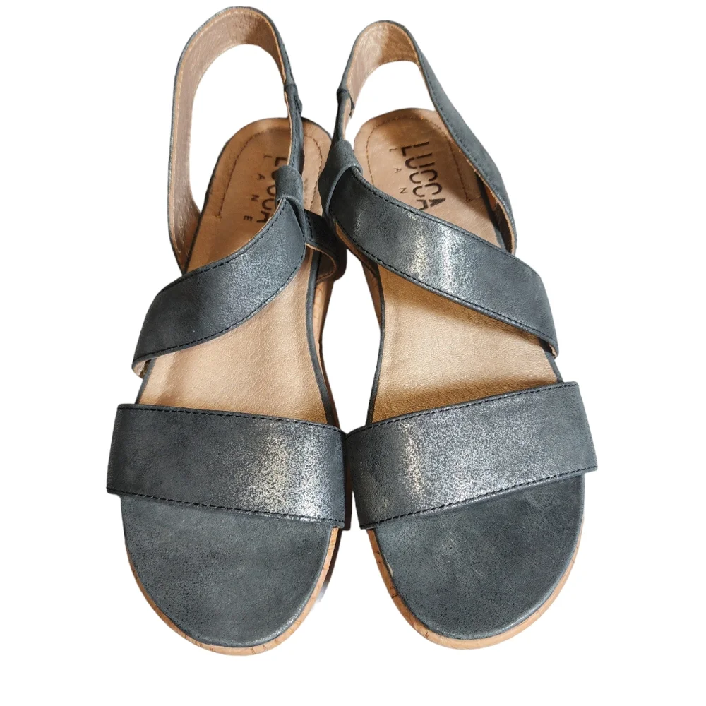 Lucca Lane Olympia Metallic‎ Gray Leather Cork Platform Sandals Size 7.5